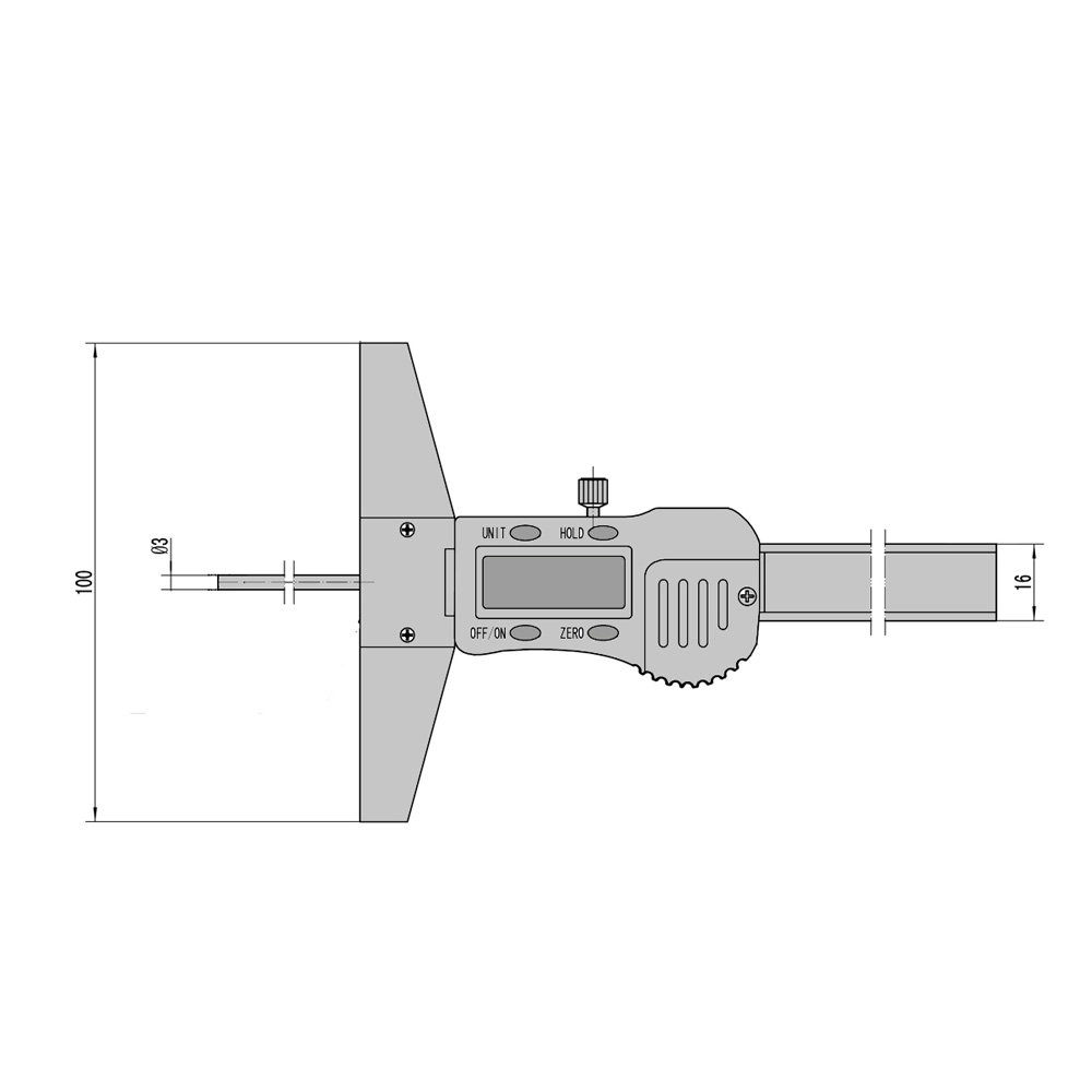 Technical drawing Digital depth caliper 150 x 100 mm with round depth bar