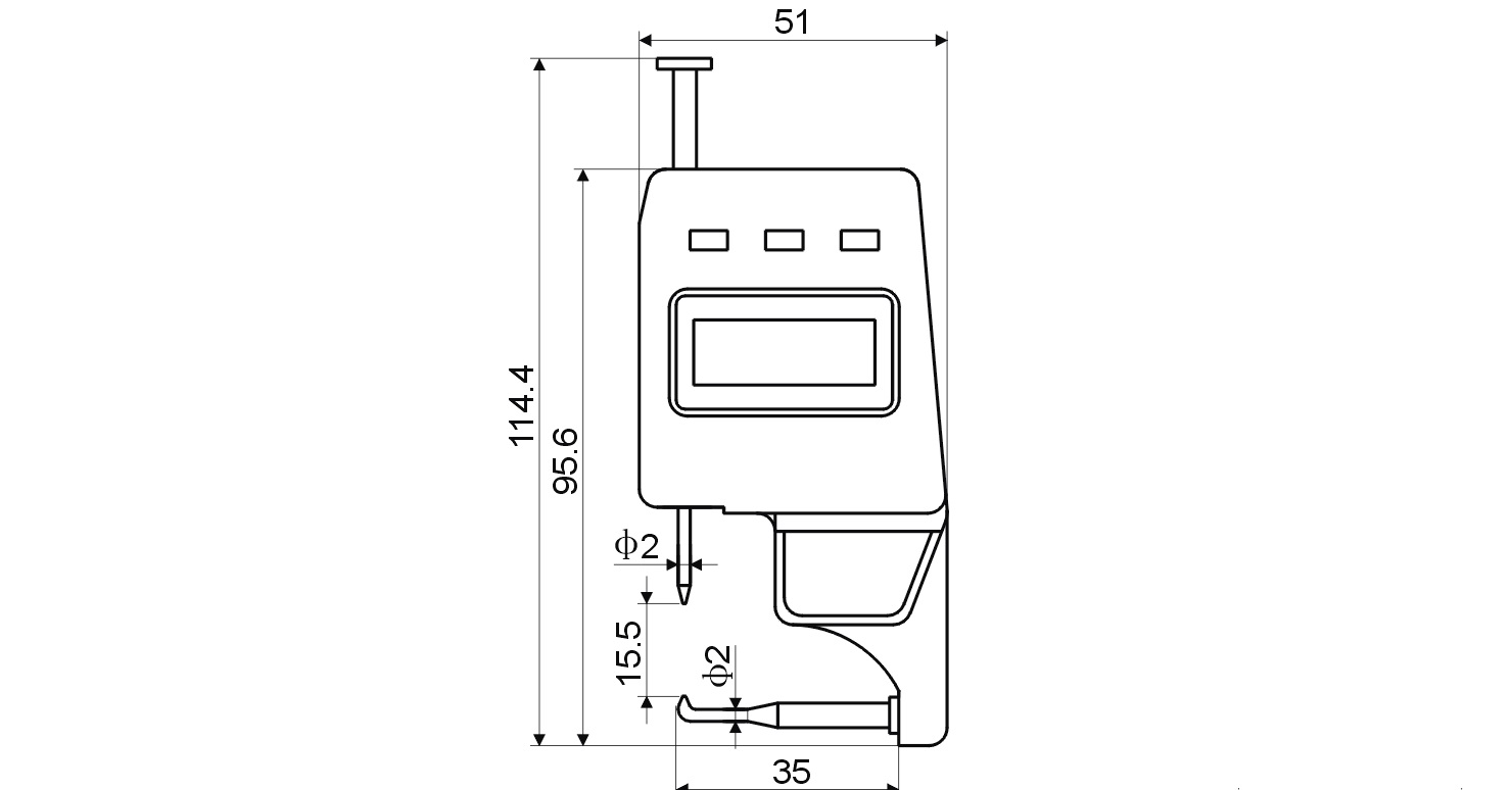 Technical drawing Digital thickness gauge with point 0 - 15 mm Technical drawing Digital thickness gauge with point 0 - 15 mm