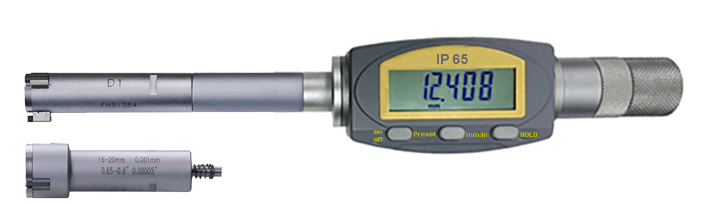 Digital three point internal micrometer 12 - 20 mm with two measuring heads IP 65 DIN 863 Digital three point internal micrometer 12 - 20 mm with two measuring heads IP 65 DIN 863