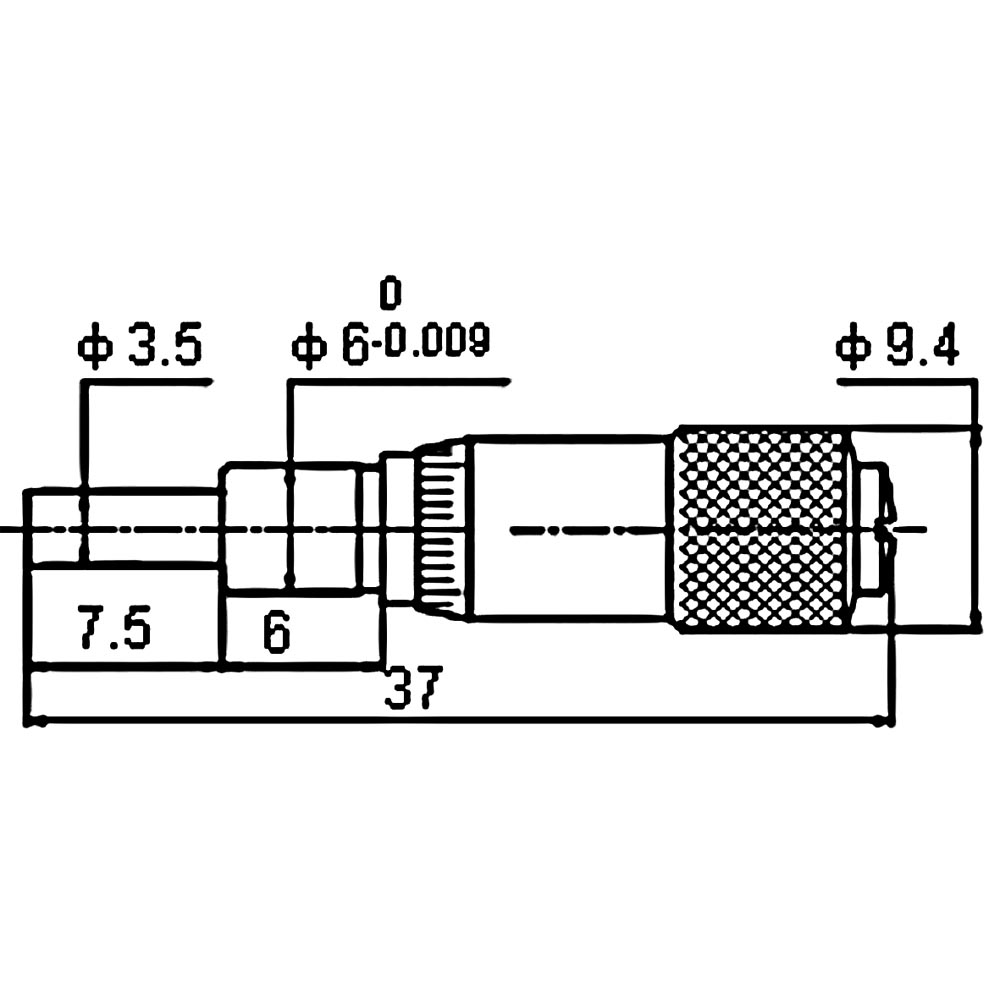 Technical drawing Small micrometer head 0-6,5 mm range flat measuring face