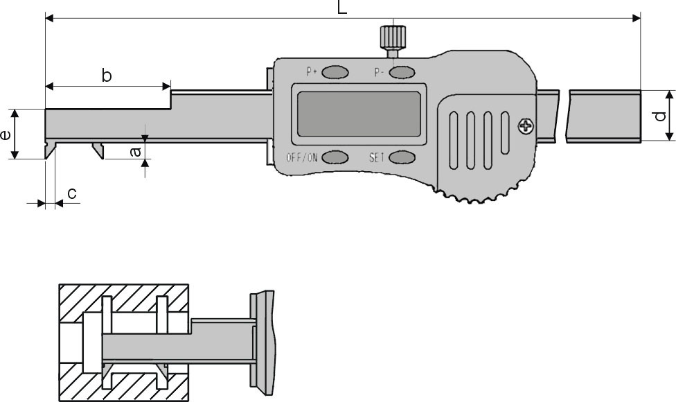 Zeichnung Digital-Innen-Nuten-Messschieber 3 - 140 mm mit kurzem Schnabel