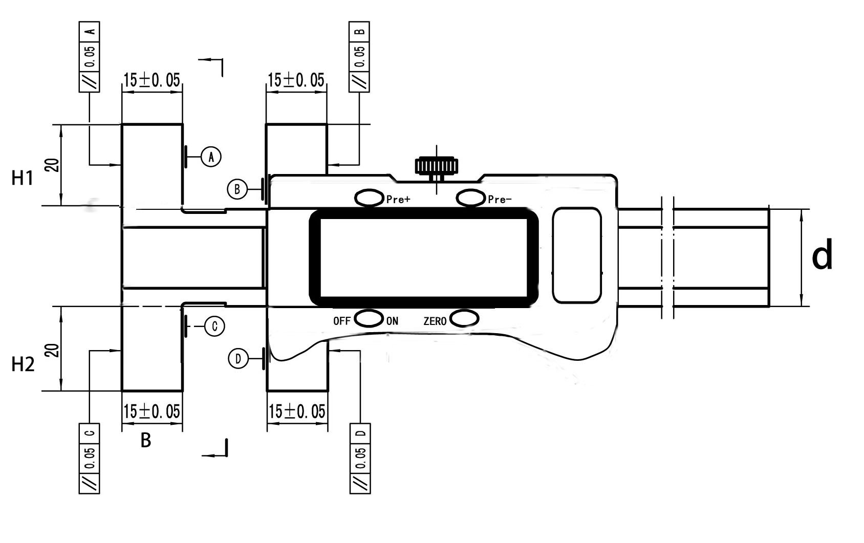 Technical drawing Digital universal caliper 300 mm range 3V