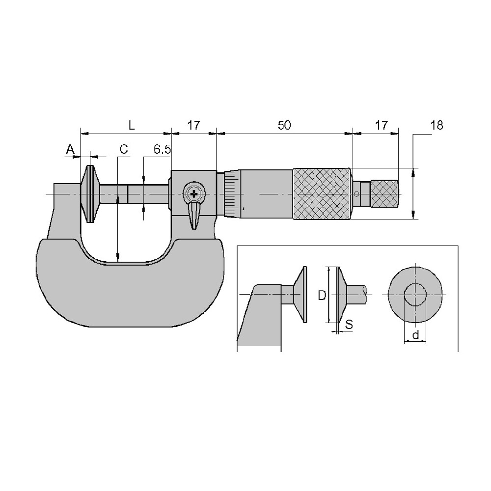 Technical drawing Disc micrometer 25 - 50 mm with non-rotating spindle - Nr. 309.251
