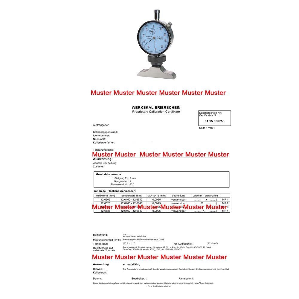 Certification for analog depth dial indicator