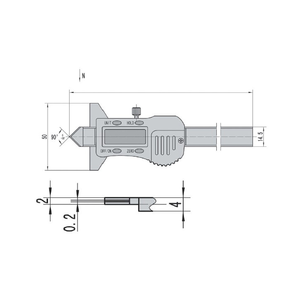 Drawing Digital caliper 12 x 50 mm for measuring of hole reduction 90°