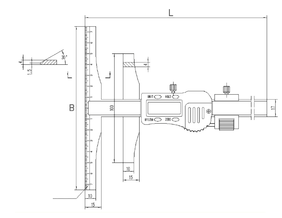 Technical drawing Digital marking caliper range 0 - 300 mm