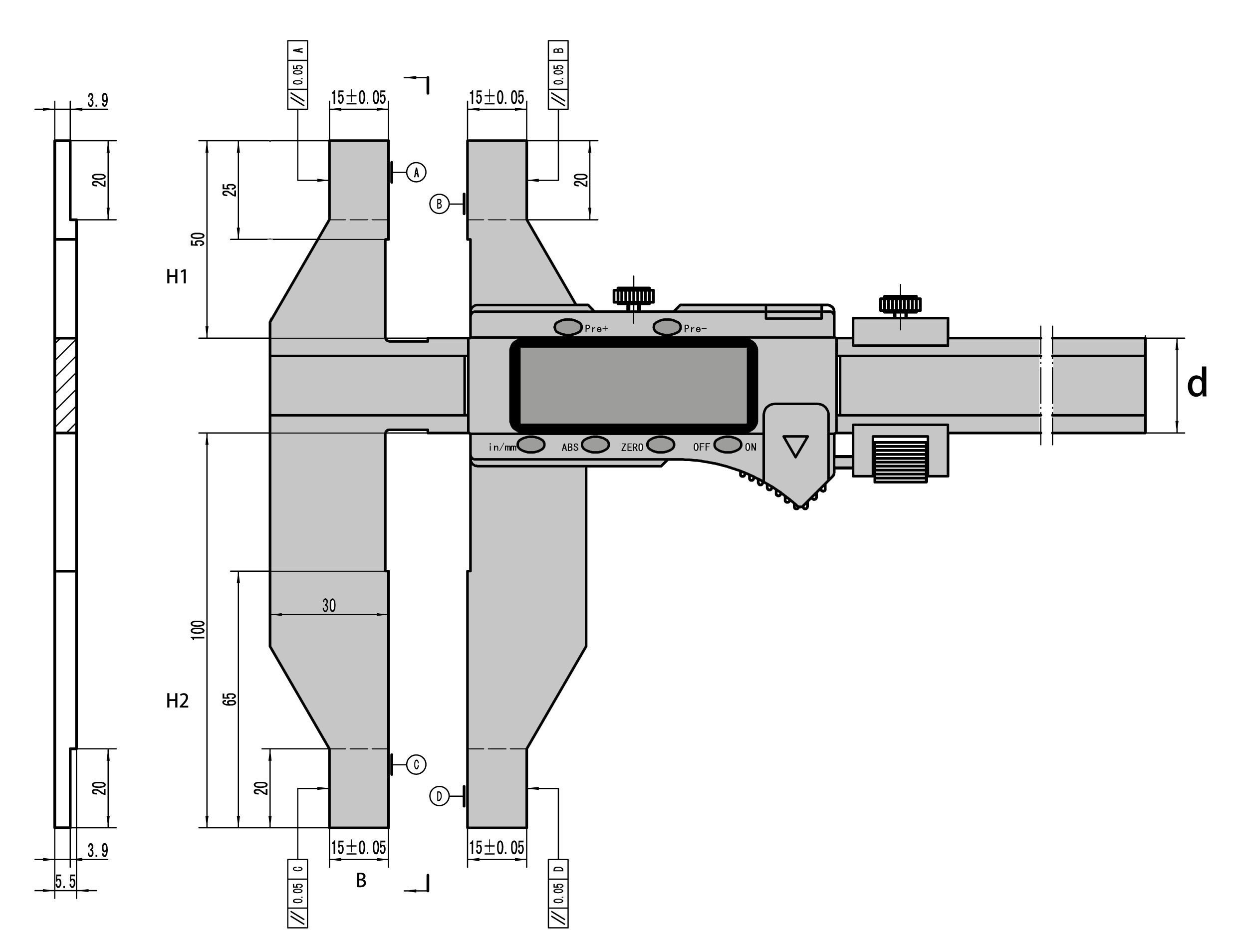 Technical drawing Digital universal caliper 0 - 1000 mm range