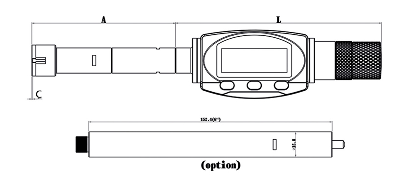 Technical drawing Digital three point internal micrometer 20 - 30 mm with two measuring heads IP 65 DIN 863 Technical drawing Digital three point internal micrometer 20 - 30 mm with two measuring heads IP 65 DIN 863