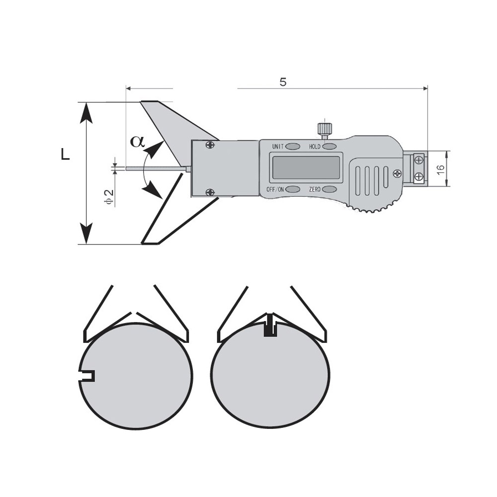 Drawing Digital depth caliper 25 mm with prismatic base 120°