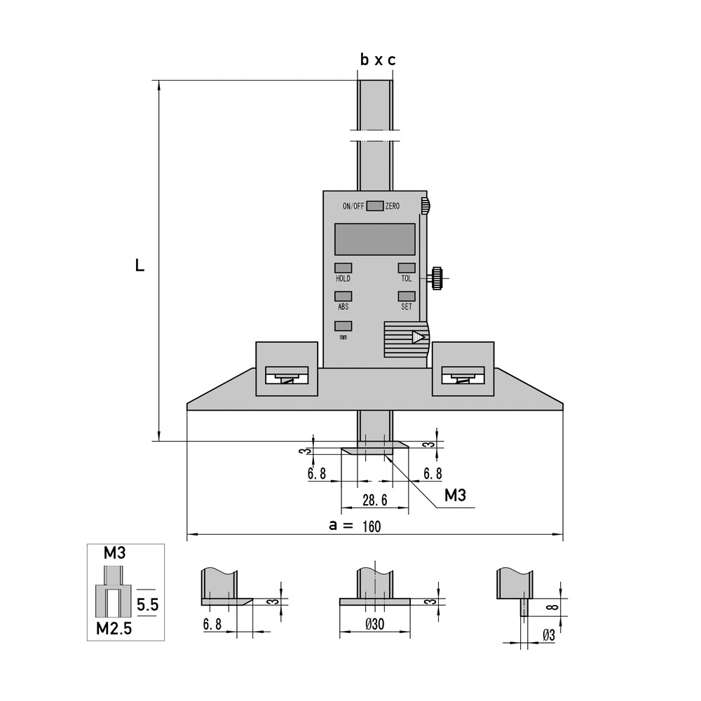 Technical drawing Digital depth caliper 300 x 160 mm with changeable measuring points