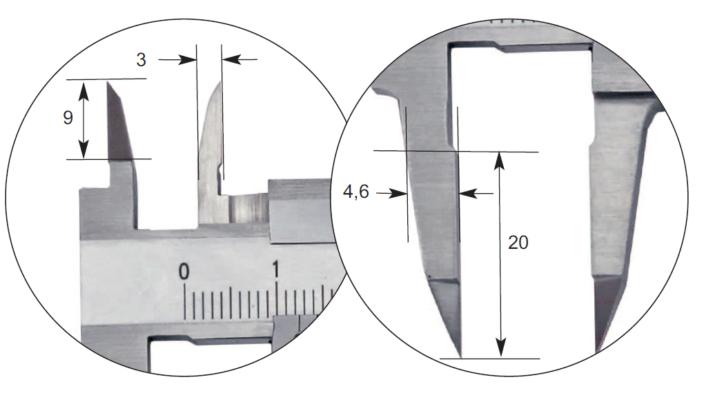 Detail Klein-Messschieber 100 mm mit schmalem Schnabel und schmalen Spitzen DIN 862