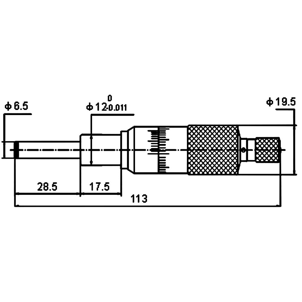 Technical drawing Micrometer head 0 - 25 mm range reading 0,001