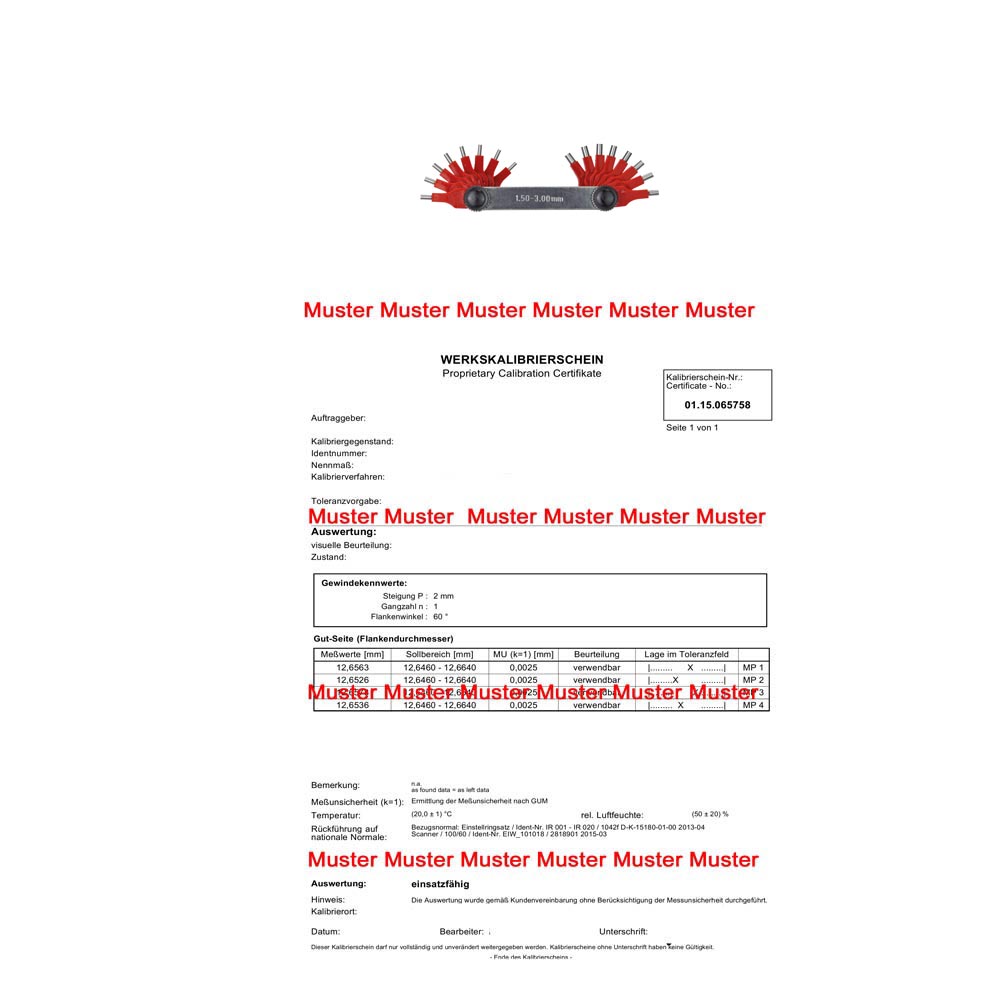 Calibration certificate for jet gauges 16 pins Calibration certificate for jet gauges 16 pins
