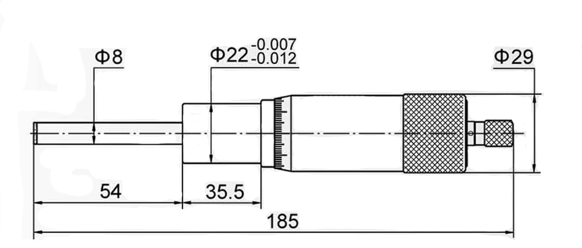 Zeichnung Einbau-Messschraube 0 - 50 mm mit Großtrommel Ø 29 DIN 863 Zeichnung Einbau-Messschraube 0 - 50 mm mit Großtrommel Ø 29 DIN 863