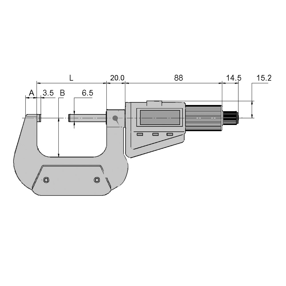Technical drawing Digital micrometer 0 - 25 mm with friction ratchet DIN 863