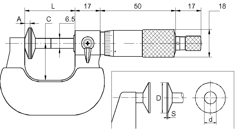 Zeichnung Digital-Bügelmessschraube 25-50 mm mit Tellermessflächen Ø 20 mm
