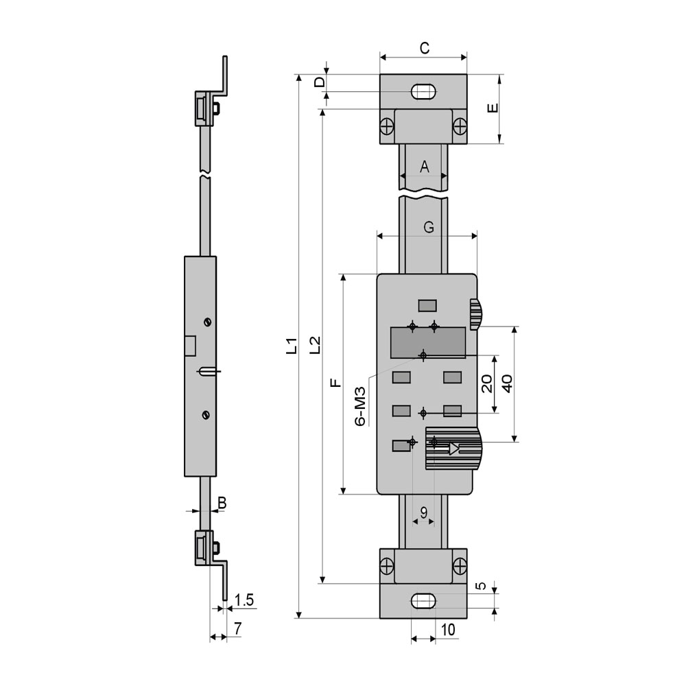 Technical drawing Digital scale unit 150 mm vertical DIN 862