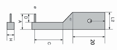Technical drawing Measuring insert with needle point measuring faces L 2 x Ø 1 mm for groove measurement