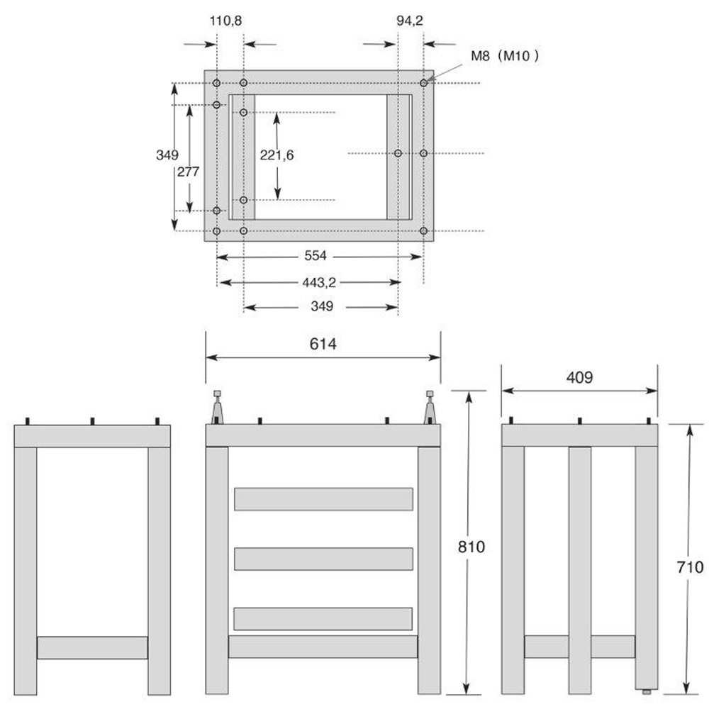 Technical drawing Stand for granit plates from  630 - 1000 mm with built-in drawers