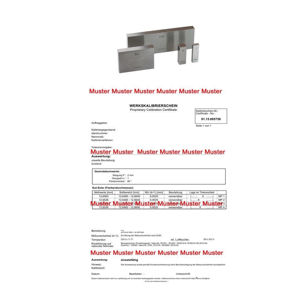 Certification single gauge block until 100 mm Certification single gauge block until 100 mm