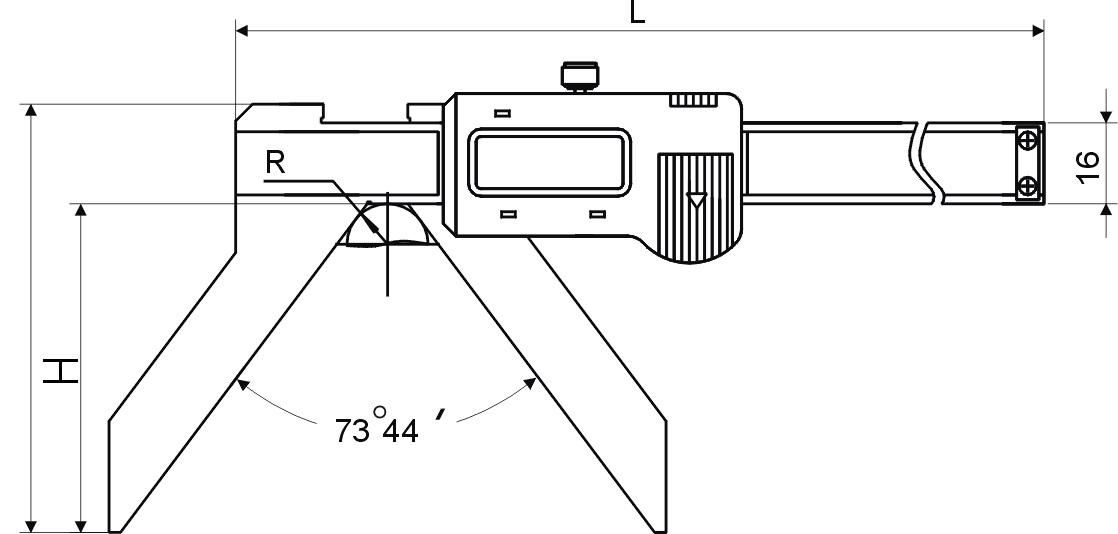 Technical drawing Digital caliper 3-150 mm for measuring of outside arc and radius 3V