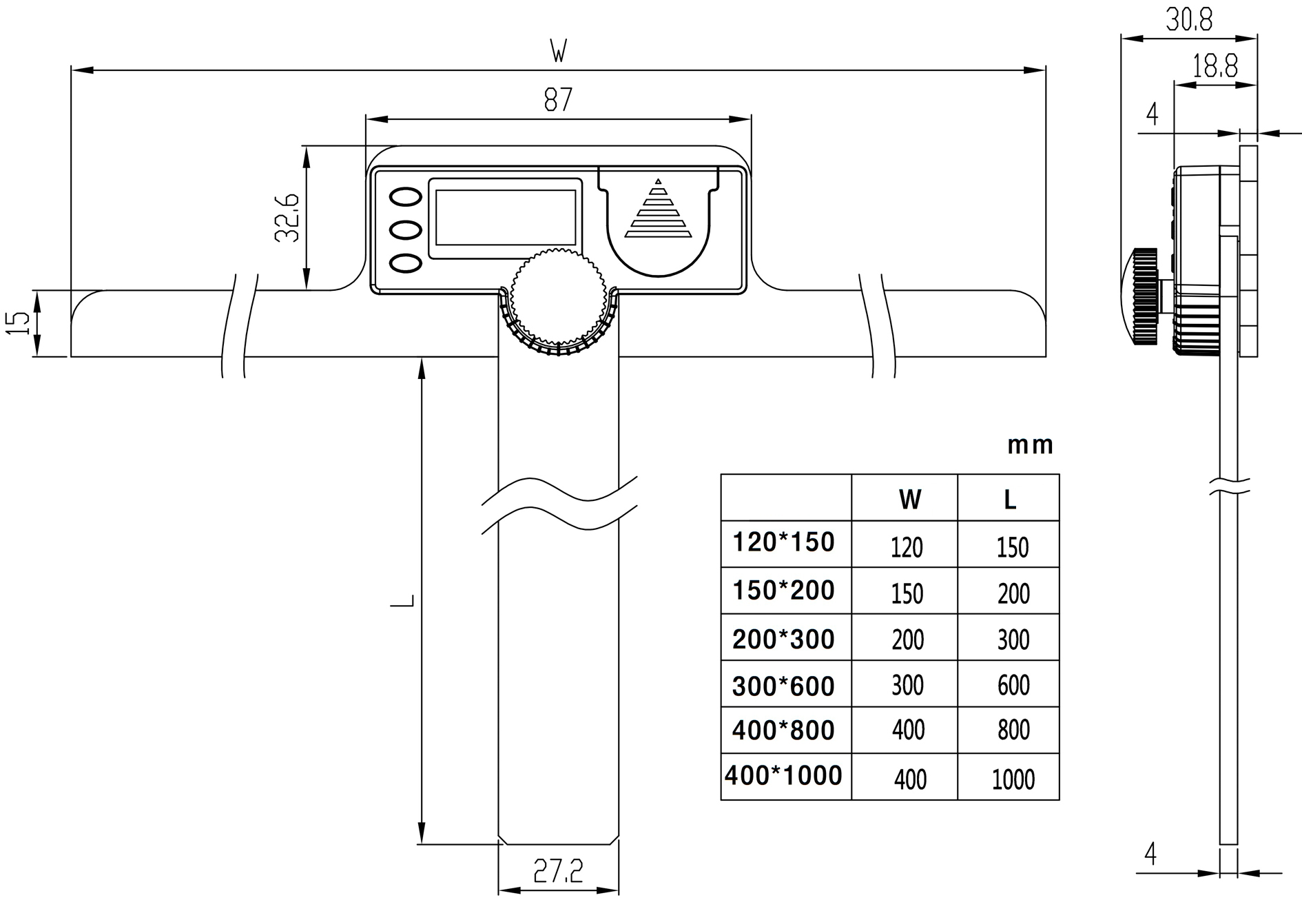 Technical drawing Digital steel protractor B 400 x L 1000 mm