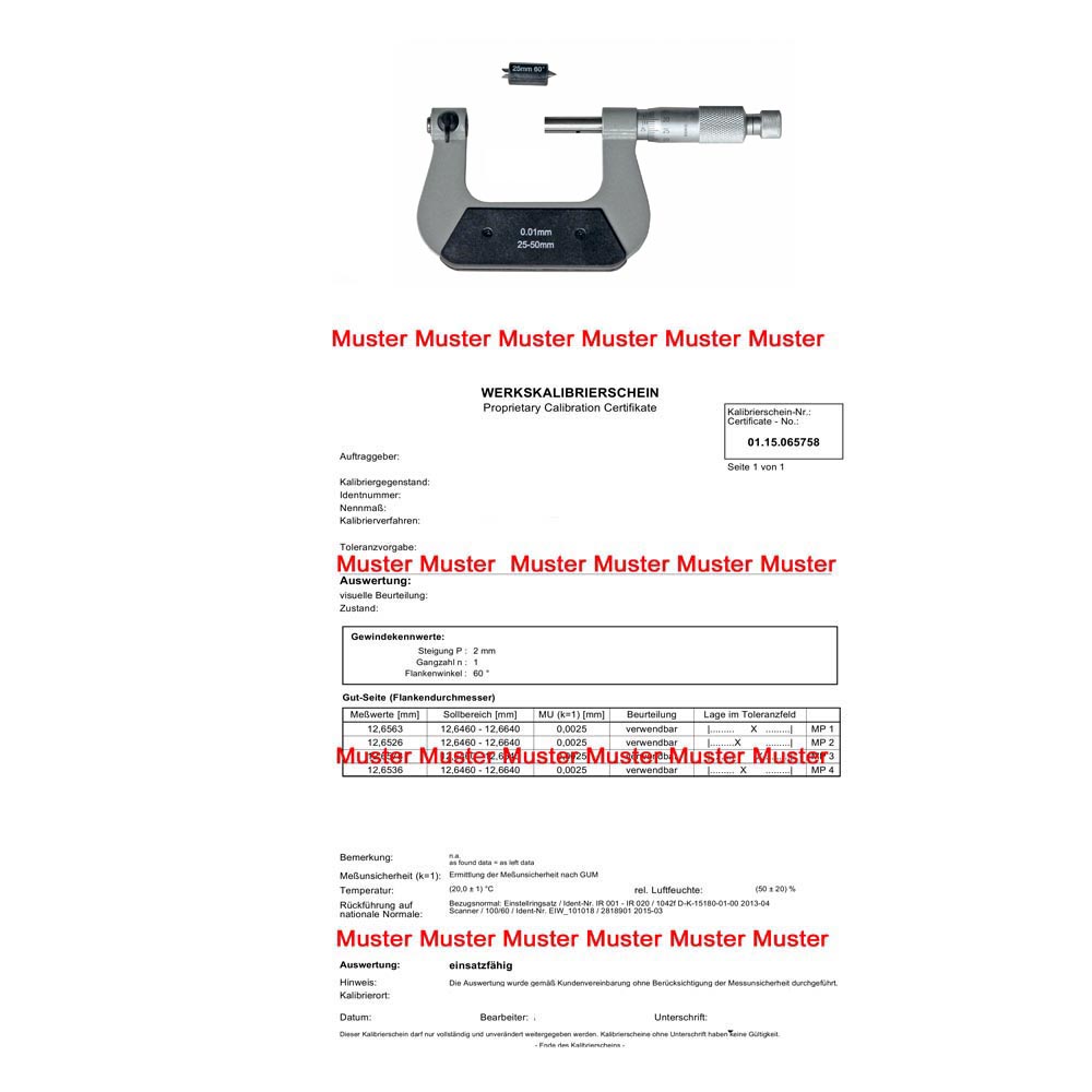 Kalibrierung für Gewinde-Messschrauben > 25 - 100 mm Kalibrierung für Gewinde-Messschrauben > 25 - 100 mm