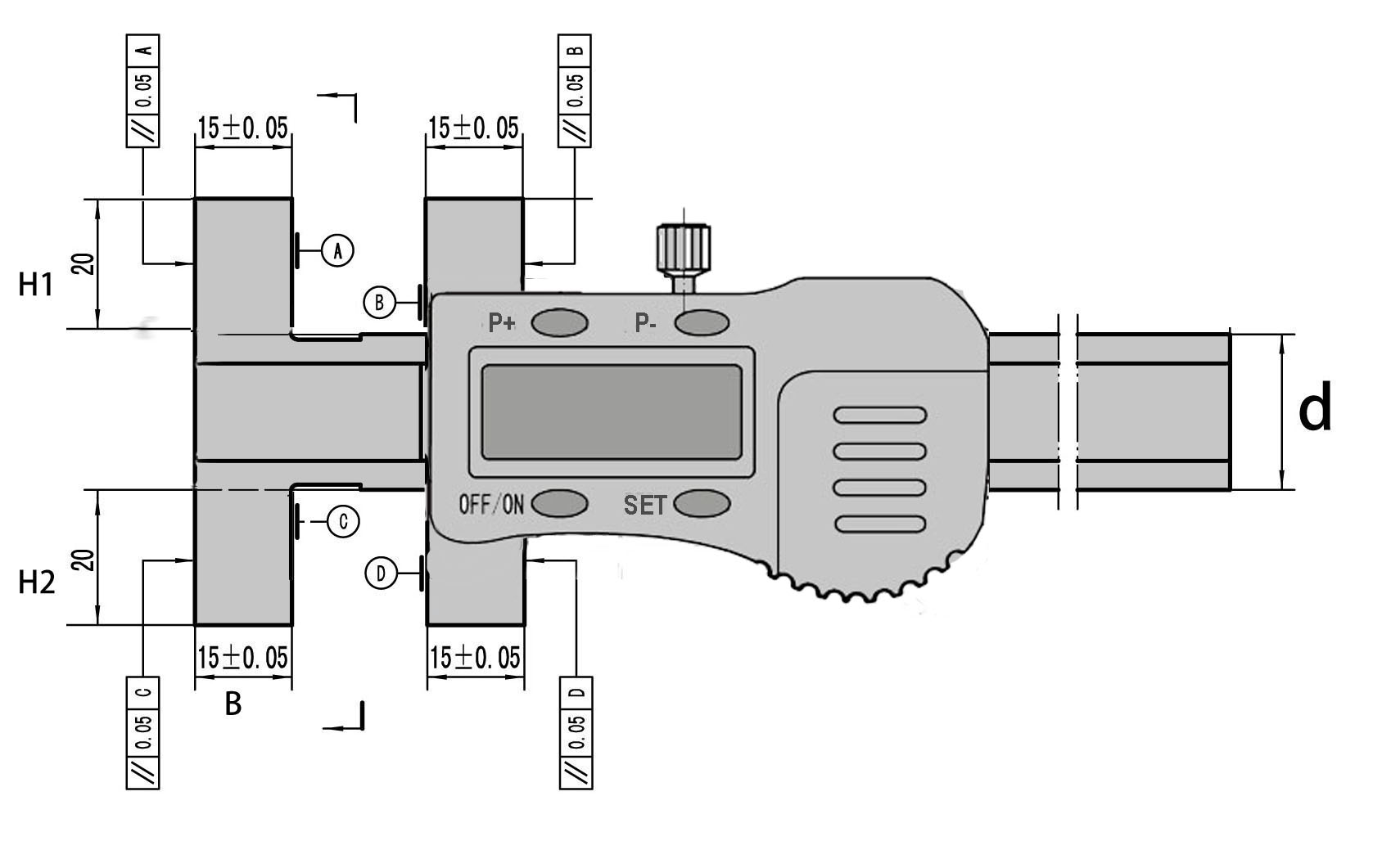 Technical drawing Digital universal caliper 300 mm range 3V