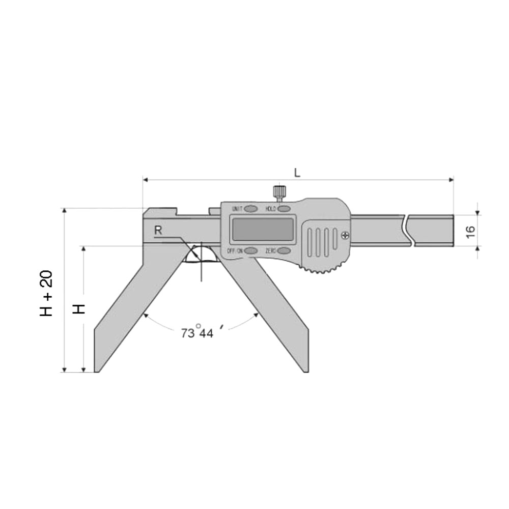 Zeichnung Digital-Messschieber 3-150 mm zur Messung von Bogen und Radius 3V