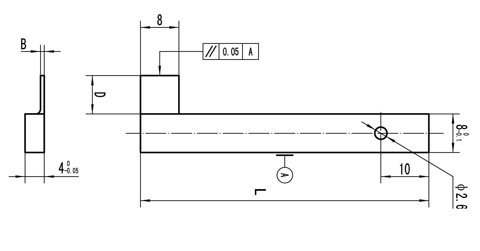 Zeichnung Messeinsatz mit schmalem Schnabel L 60 x  B 0,8 mm zur Nuten-Messung