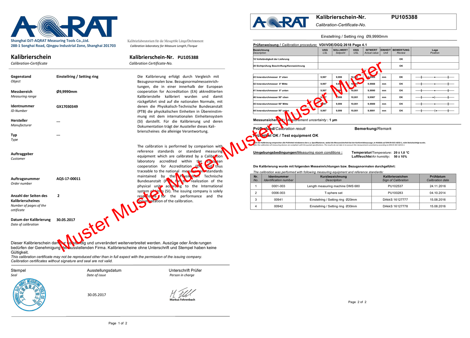 Muster Kalibrierschein Einstellringe Ø 25 mm  Muster Kalibrierschein Einstellringe Ø 25 mm
