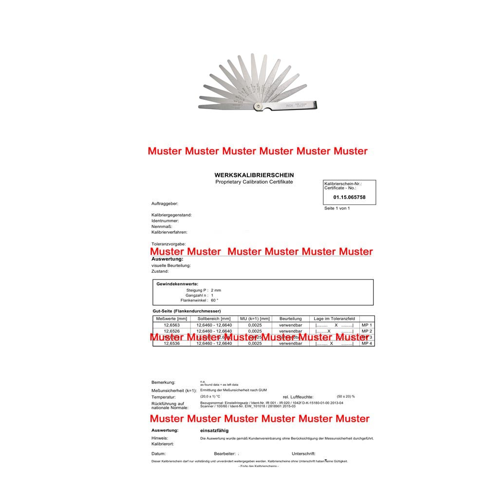 Werkskalibrierschein - Kalibrierung Fühlerlehren 32 Blatt