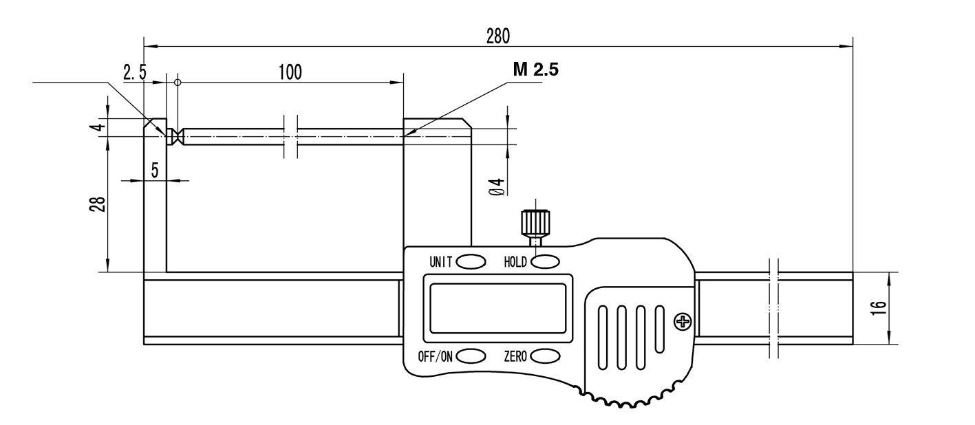 Zeichnung Digital Bremsscheiben-Messschieber 0 - 80 mm mit langem Messtaster