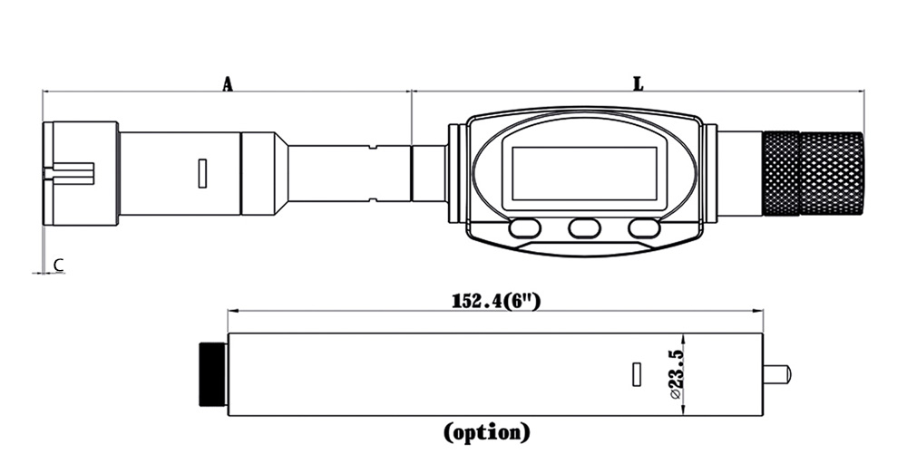 Technical drawing Digital three point internal micrometer 30 - 50 mm with two measuring heads IP 65 DIN 863