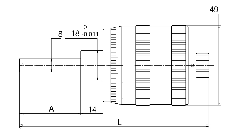 Technical drawing Micrometer head 0-50 mm with large thimble Ø 49 DIN 863