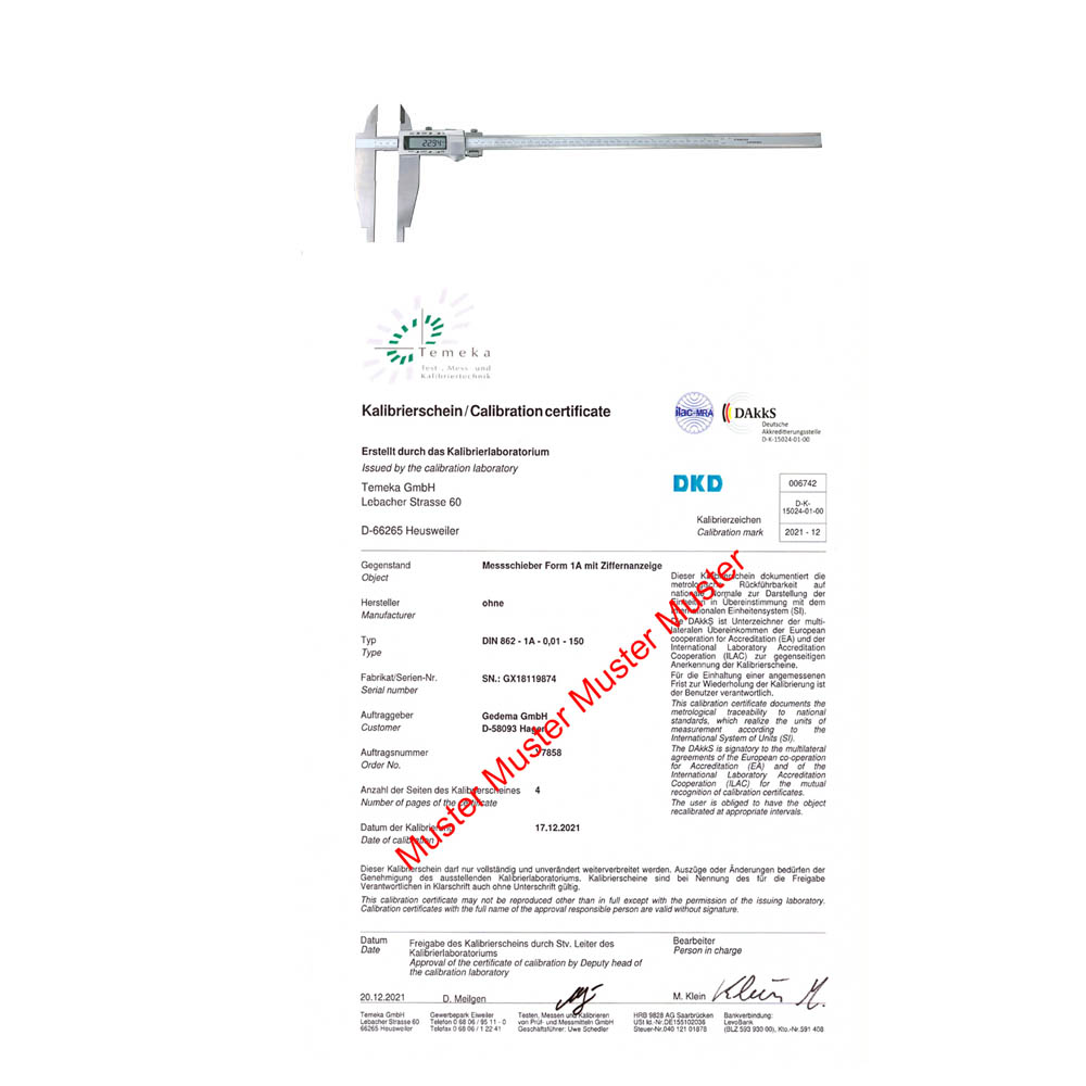 DAkkS Kalibrierung/Prüfzeugnis für Messschieber > 500 - 1000 mm Messbereich