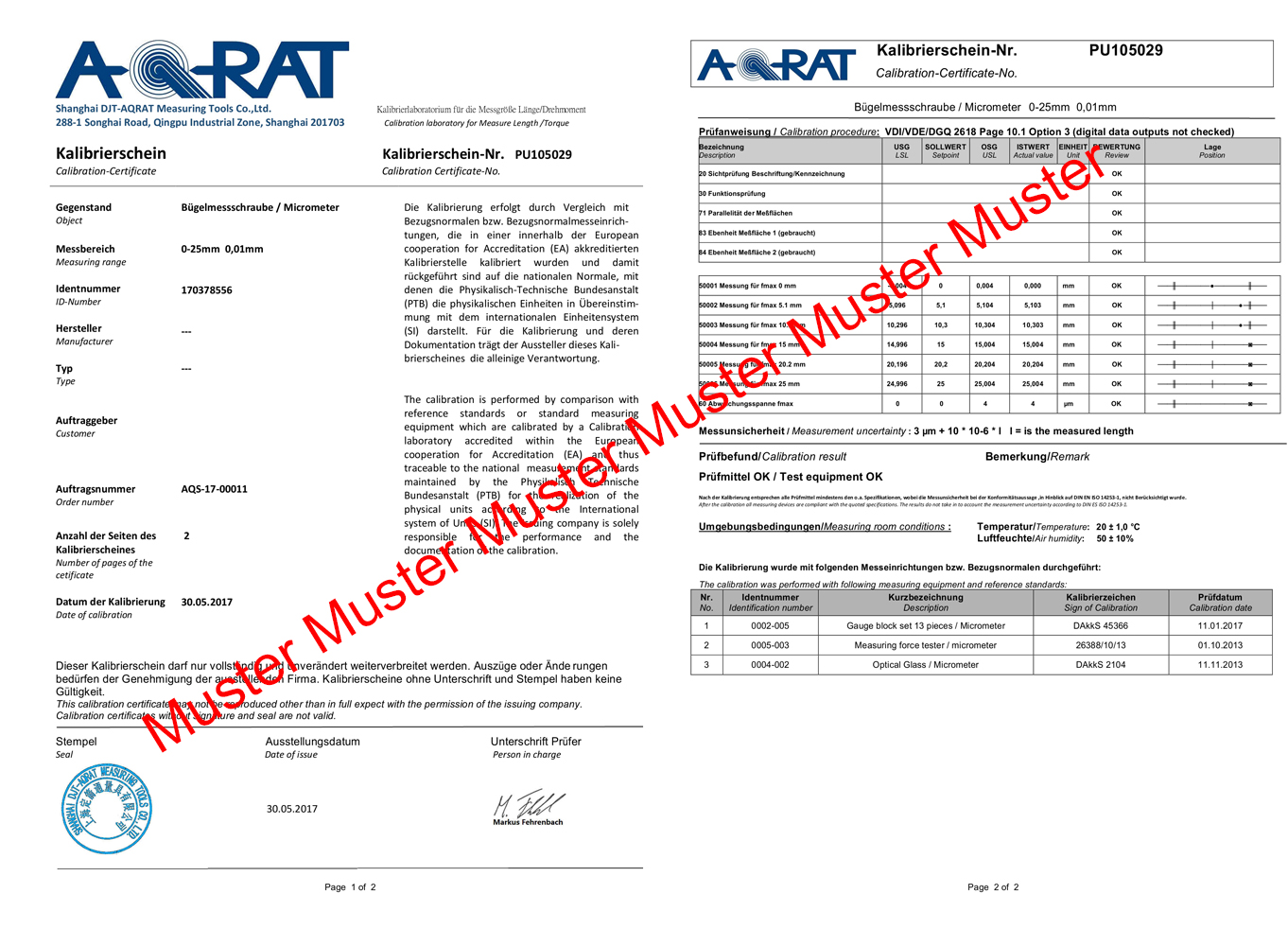 Muster Kalibrierschein Bügelmessschrauben