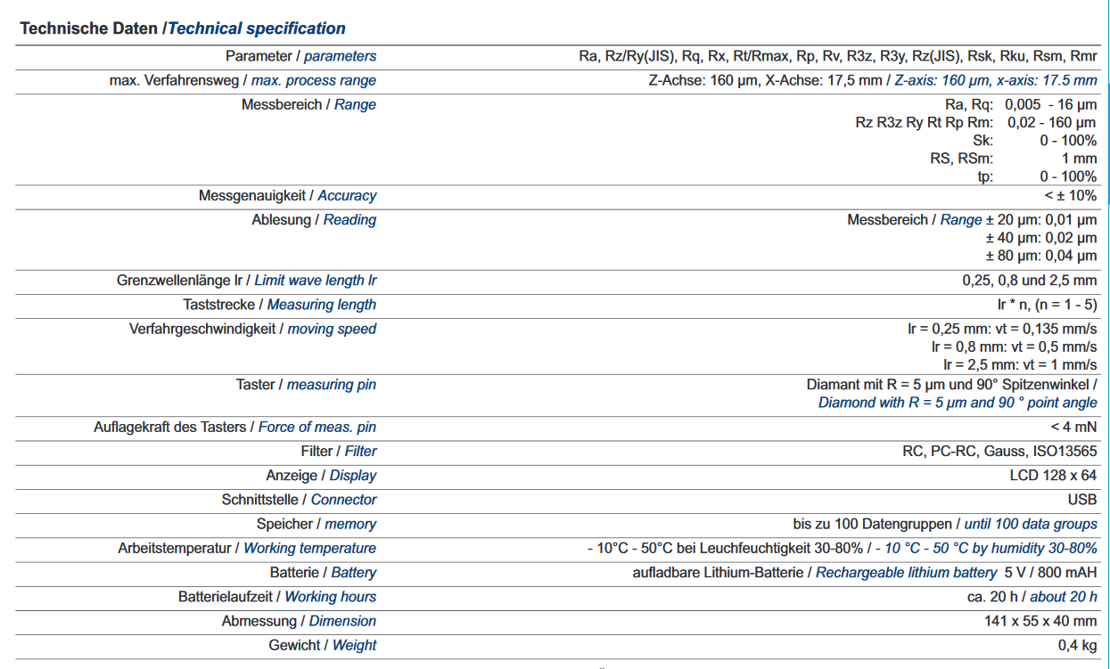 Technische Daten Rauheitsmessgerät Technische Daten Rauheitsmessgerät