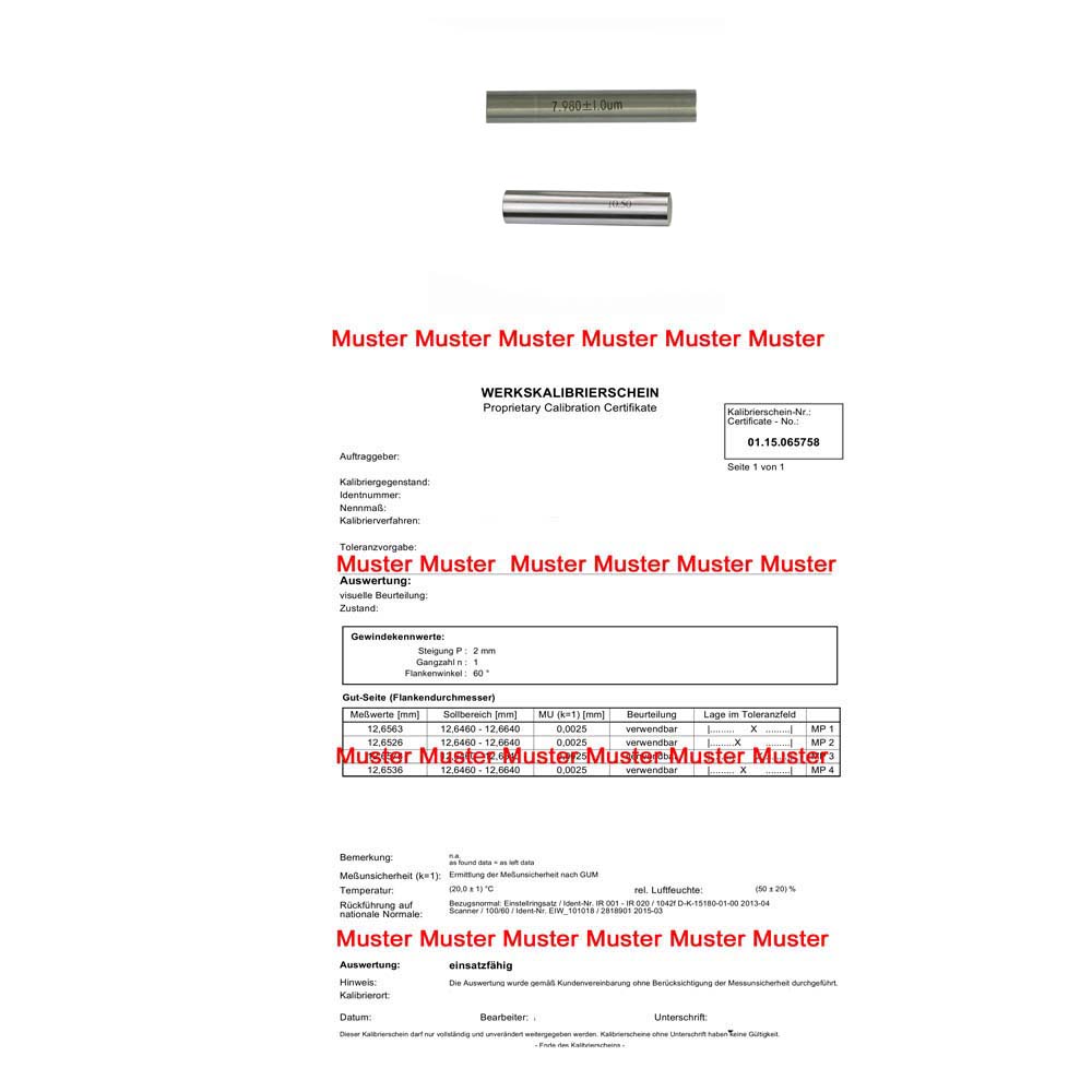 Certification for single pin gauges Certification for single pin gauges