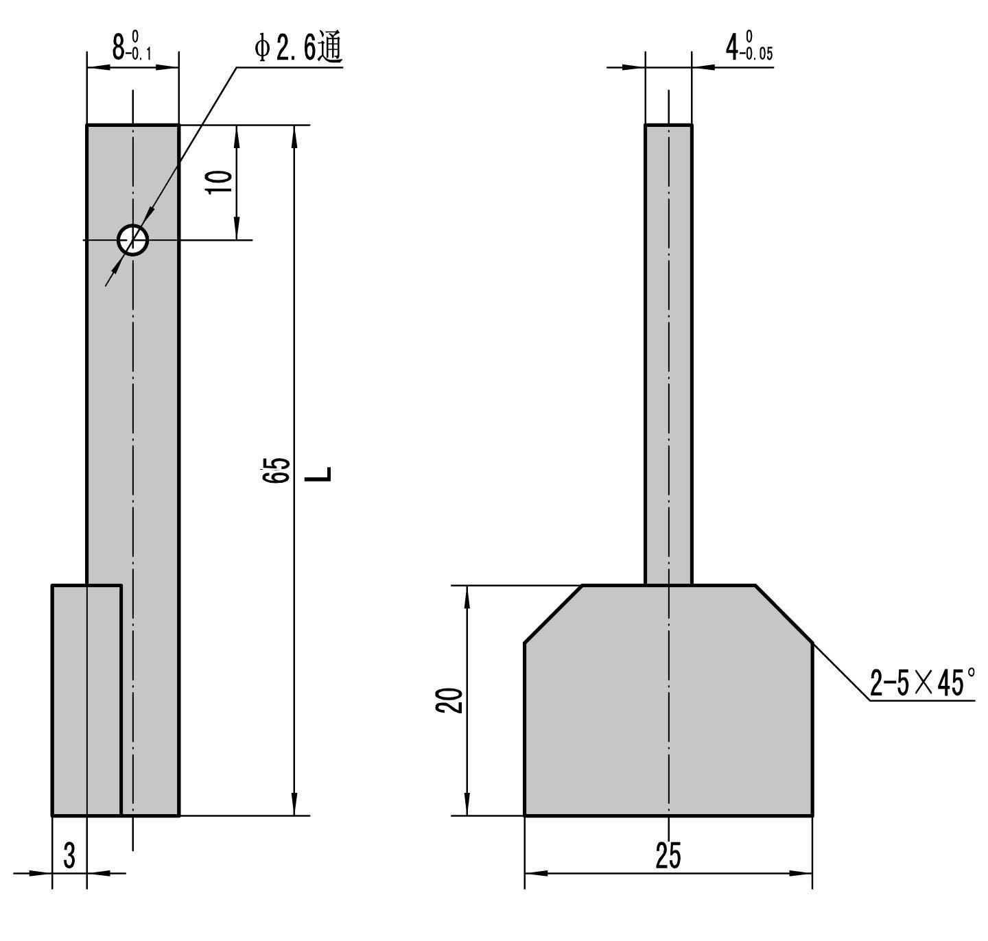 Technical drawing Measuring insert with big measuring faces 25 x 20 mm