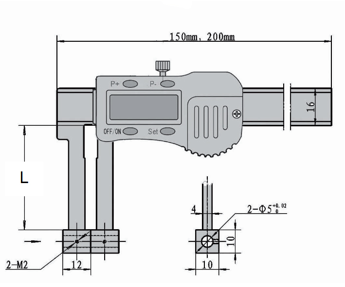 Technical drawing Digital universal caliper 200 mm with 7 pairs measuring tips 3V