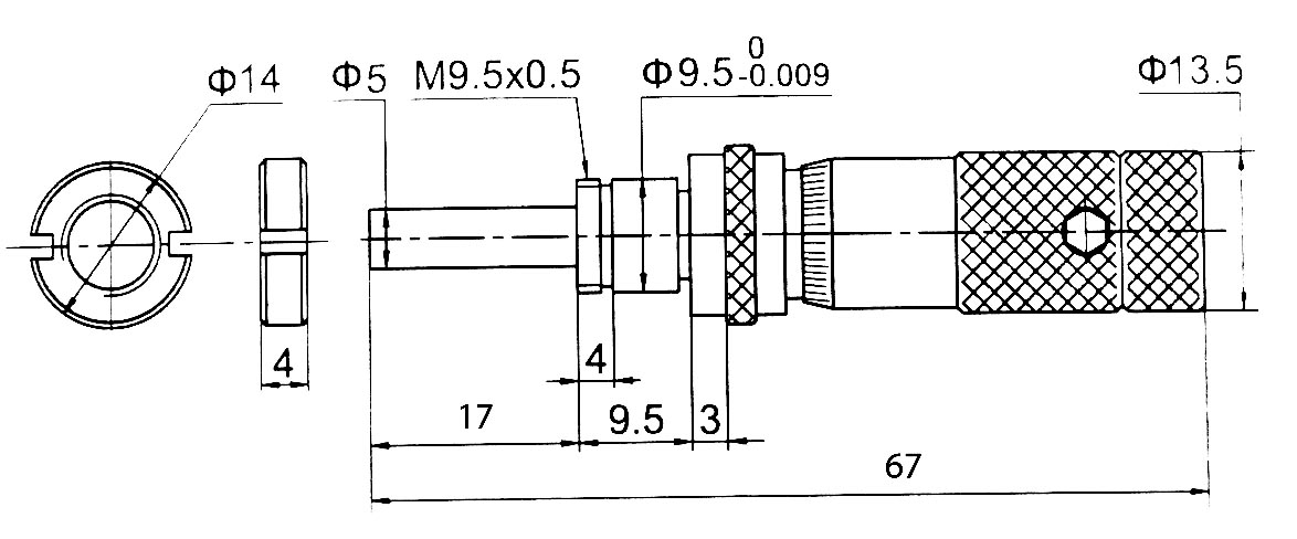 Technical drawing Small micrometer head 0 - 13 mm range with clamping nut