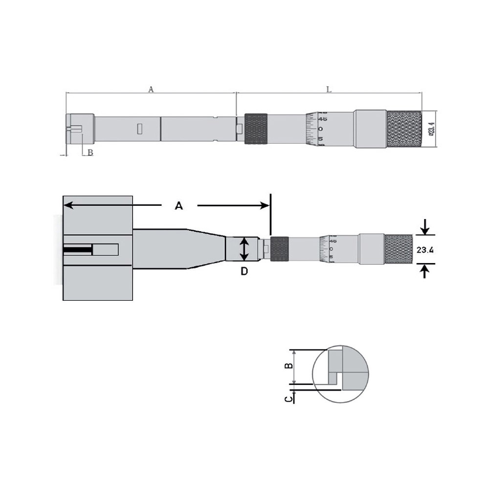 Drawing Three point internal micrometer 175 - 200 mm range reading 0,001 mm