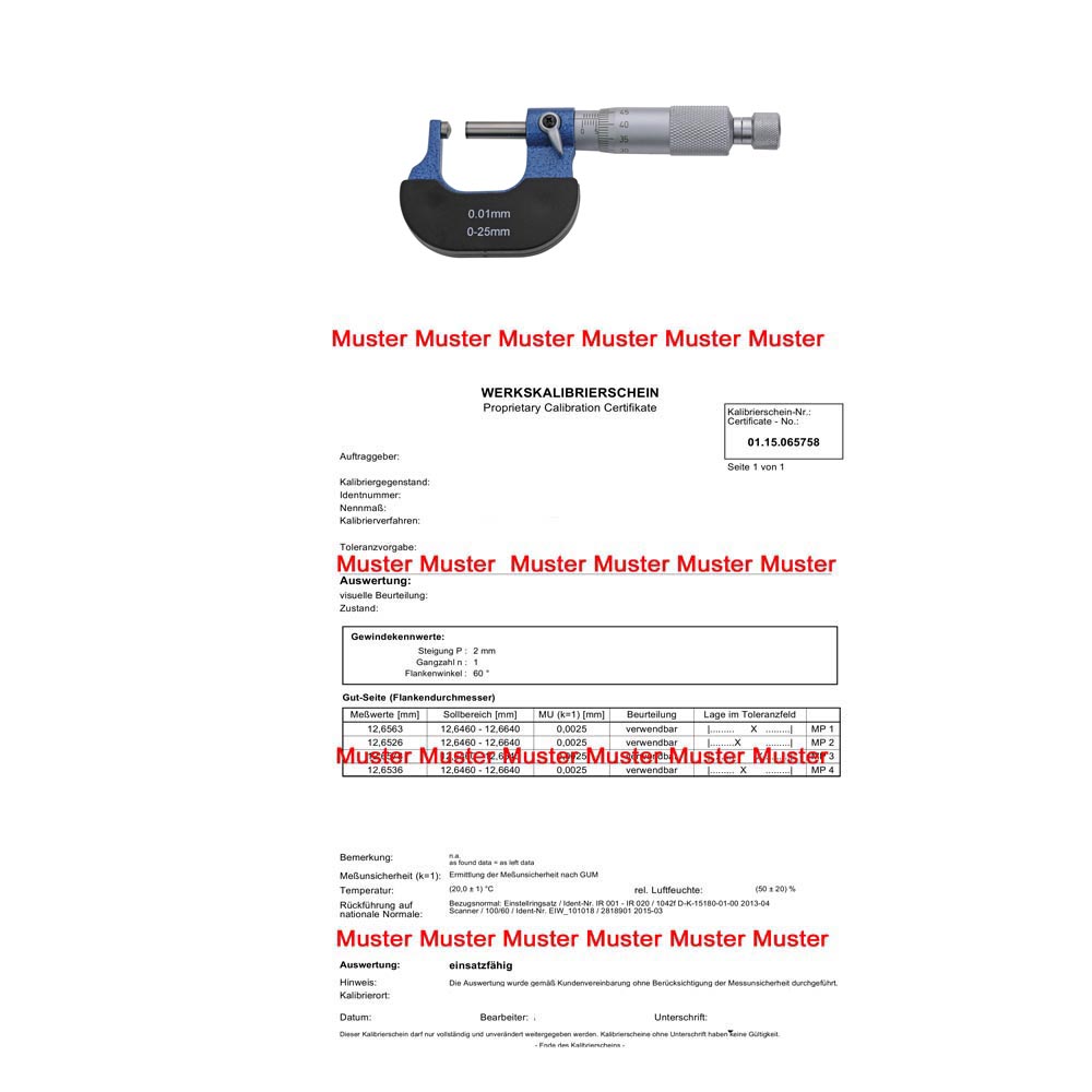 Certification for micrometer special until 50 mm
