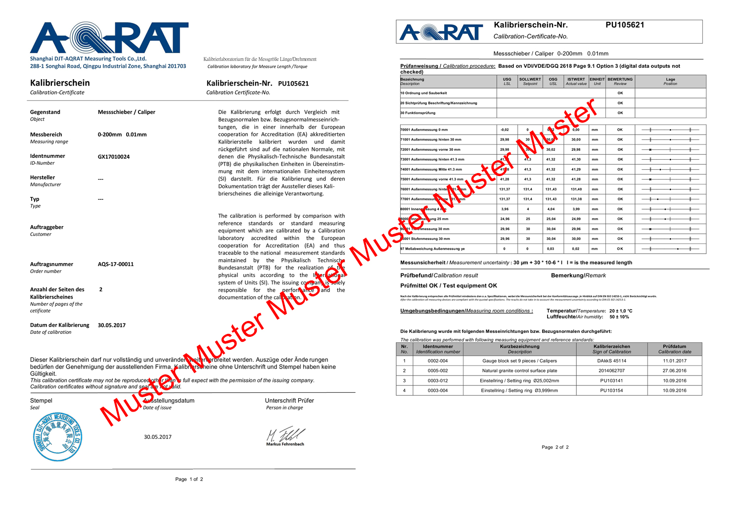 Muster Kalibrierschein Messschieber