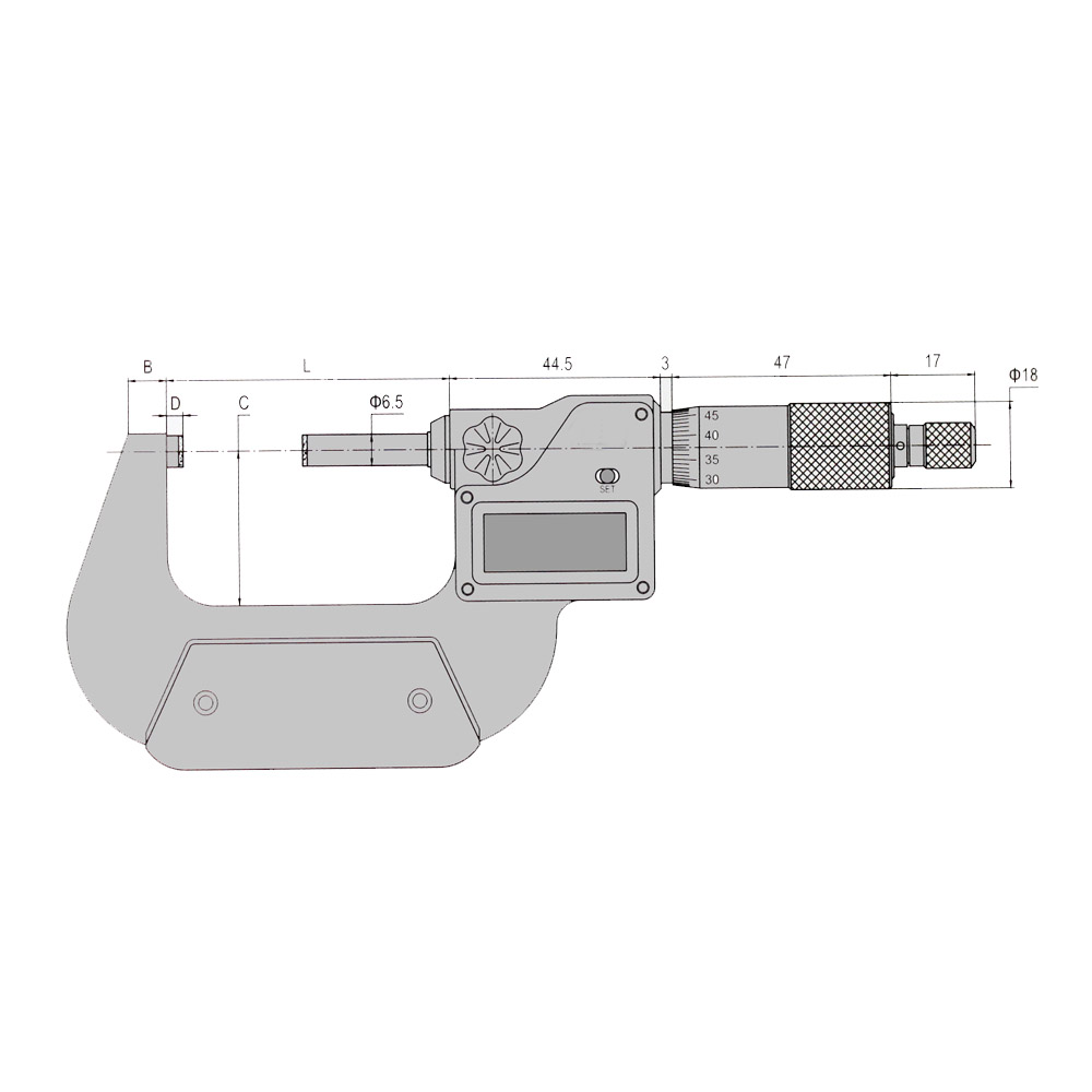 Technical drawing Digital micrometer 0 - 25 mm IP 65 display only mm DIN 863