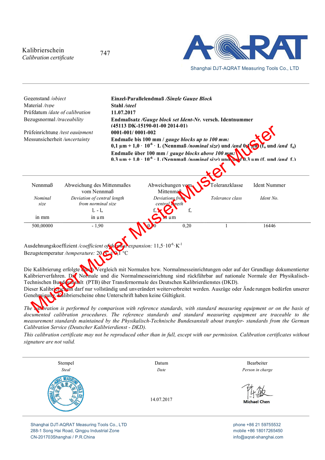 Example certificate Single gauge block 500 mm special steel Degree 1  Example certificate Single gauge block 500 mm special steel Degree 1