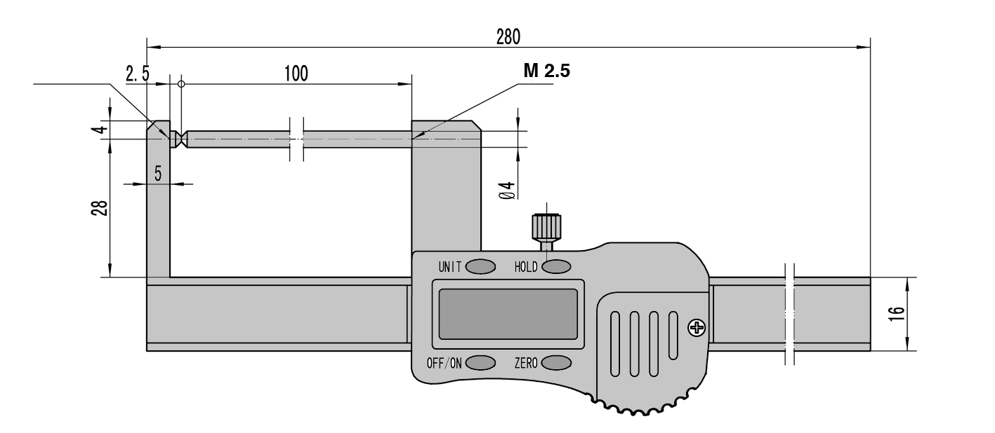 Zeichnung Digital Bremsscheiben-Messschieber 0 - 80 mm mit langem Messtaster