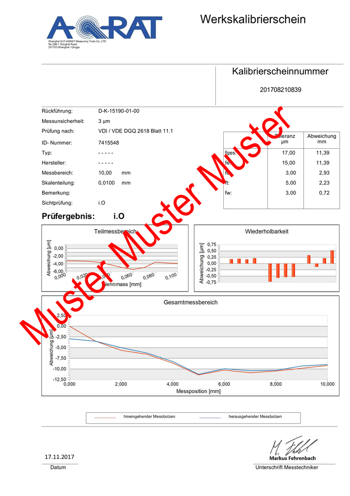 Muster Kalibrierschein Messuhr analog 0 - 10 mm Muster Kalibrierschein Messuhr analog 0 - 10 mm