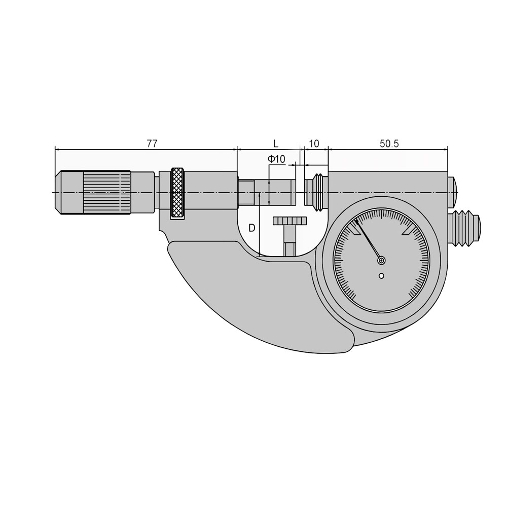 Zeichnung Bügelmessschrauben 0 - 25 mm mit Feinzeiger Messspindel Ø 10 mm